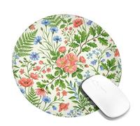 Flowers Small Mouse Pad, Floral Natural Leaves Ferns Spring Peach Round Rubber Washable Stitched Edge Cloth Mousepad Desk Decor for Office Home Dorm Laptop Round 8x8 Inch