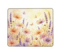 Flowers Small Mouse Pad, Watercolor Floral Butterflies Lavender Spring Peach Square Rubber Smooth Mini Travel Desk Mousepad Idea for Home Office Desk Laptop Gamers Gift Square 8x10 Inch