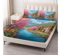 Flowers Small Town Street Architecture Fitted Sheet Set Single Size 90x190 cm 3 Piece Microfiber Bed Sheets | Pastoral Landscape Soft Sheets, 12 inch Deep Pocket with Elastic Corner Straps, Easy Care