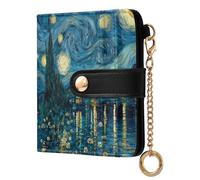 Flowers Starry Night Blue Print Small Women Wallet Leather RFID Blocking Bifold Compact Card Holder with Coin Pocket Zipper Purse for Ladies Girls Women