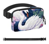 Flowers Swan Fanny Packs for Women Men, Crossbody Belt Bag with Zipper Pockets,Waterproof Waist Packs with Adjustable Strap for Workout Running Traveling Hiking, Multicolor, One Size