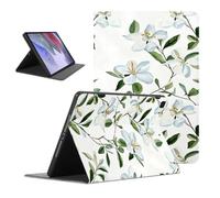 Flowers Tablet Case for Samsung Galaxy Tab A9 8.7" SM-X110/X115 | Aesthetic Green White Floral Flower Leaves Design for Women Girls Flip PU Leather Stand Funda Adjustable Protective Cases