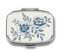 Flowers Traditional Chinese Blue Pill Box 2 Compartment Portable Medicine Pill Case Travel Pill Organizer for Pocket Purse