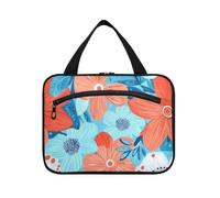 Flowers Turquoise and Coral Hanging Travel Bags for Women with Hook, Designer Chic Cosmetic Organizer for Cruise Travel Travel estuche para maquillaje L