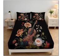 Flowers Violin Fitted Sheet Super King Size Deep Pocket 30cm, Easy Care Soft Brushed Microfibre Fabric Vintage Printed Black Bed Sheets, Wrinkle Bedding Sheets (180x200cm)
