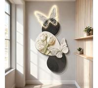Flowers Wall Decor 3D Vision Wall Painting Modern Butterflies Sculptures Hanging Art with LED Light Decor Aesthetic Plug-In Power Supply for Living Room Entrance Hallway Bedroom(Style A,60X120 cm)