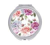 Flowers with Leaves Hydrangeas Peonies Buds and Petals Folding Make Up Mirror, Compact 2X/1X Magnification Mirror, Women Portable Travel Makeup Mirror 2.4 x 2.4 inch