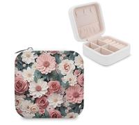 Flowers with Pink And Green Leaves Jewelry Box for Women Custom Travel Jewelry Case Personalized Travel Jewelry Boxes Small Portable Jewelry Organizer Box for Rings Necklaces Bracelets Earring