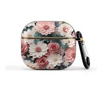 Flowers with Pink and Green Leaves Wireless Earbuds Case for 3rd Generation Ultra-Lightweight Earbuds Full Drop Protection Cover with Keychain Cute Hard Shell Protective Cover Front LED Visible