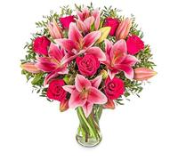 Flowers with Vase - Rose and Lily - Fresh Flowers - Birthday, Anniversary, Get Well, Thank You, Occasion Flower - Cut Floral Arrangement for Gifts, Weddings, Sympathy, Celebrations (Large With Vase)