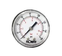 Flowfit Pneumatic Pressure Gauge, Dry, 40mm Dial Size, Rated for 0-15 PSI (1 Bar), 1/8" BSP Rear Entry, for General Purpose (Gas, Water)