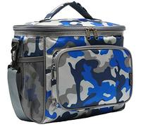 FlowFly Insulated Reusable Lunch Bag Adult Large Lunch Box for Women and Men with Adjustable Shoulder Strap,Front Zipper Pocket and Dual Large Mesh Side Pockets,BlueCamo