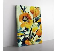 Flowing Abstract Flowers No.1 Green, Yellow, Brown Canvas Wall Art Print Ready to Hang, Framed Picture for Living Room Bedroom Home Office Décor, 76x50 cm (30x20 Inch)