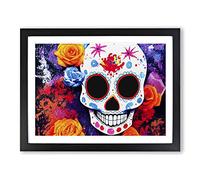 Flowing Floral Sugar Skull Framed Wall Art Print A2 Black