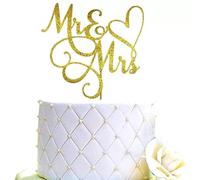 Flowriple Mr & Mrs Cake Topper Bride and Groom Sign Toppers, Wedding Cake Decorations with Secure Insertion for Anniversary Party Supplies, Gold Glitter Love Theme Design
