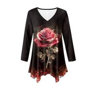 Flowy Long Blouses for Women Casual V Neck Red Sequins Sparkly Rose Shirts Soft Loose Fit Plus Size Women's Tunics Irregular Hem Long Sleeve Swing Tunic Tops Fall Spring Clothes