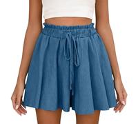 Flowy Shorts for Women Drawstring Elastic Waist Skort with Pockets Ruffles Lightweight Solid Color Shorts Ladies Causal Wide Leg Summer Skort for Holiday Beach