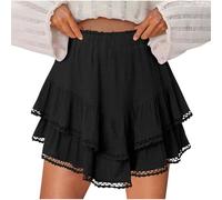 Flowy Shorts for Women High Waist Ruffle Tiered Skorts Cute Summer Solid Color Mini Skirt Short Double Layer Boho Cotton Short with Lace Hem Golf Tennis Crochet Shorts Black