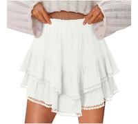Flowy Shorts for Women High Waist Ruffle Tiered Skorts Cute Summer Solid Color Mini Skirt Short Double Layer Boho Cotton Short with Lace Hem Golf Tennis Crochet Shorts White