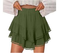 Flowy Shorts for Women High Waist Ruffle Tiered Skorts Cute Summer Solid Color Mini Skirt Short Double Layer Boho Cotton Short with Lace Hem Golf Tennis Crochet Shorts Army Green