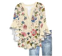 Flowy Tops for Women Summer Tops for Women UK Fashion Floral Print Flowy Ruffle Sleeve Tunic Tunic Casual Loose Fit 3/4 Length Sleeves Shirts Swing UK Plus Size B Pink