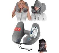 FLOWZOOM Air Inflatable Travel Pillow for Airplane & Car - H-Shape Flight Pillow with 5 Sleeping Positions, Quick Inflation, Adjustable Pressure, Detachable Hood, Soft Plush Cover - Size L, Grey