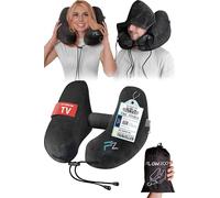FLOWZOOM AIR Travel Neck Pillow for Airplane Inflatable Hooded Black Size L | H-Shape Support, 5 Sleep Positions, Adjustable Firmness, Washable Cover, Earplugs, Compact and Light 260g, For Plane Car Bus