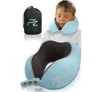 FLOWZOOM Comfy Kids Travel Pillow for Airplane & Car - Memory Foam Car Pillow for Kids with Adjustable Width, Soft, Washable Plush Cover and Compact Airplane Cushion Mesh Bag - Blue, Ages 6-10 Years