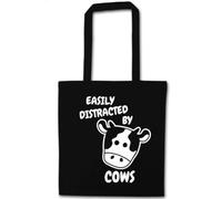 Flox Creative Black Cotton Tote Bag Easily Distracted by Cows