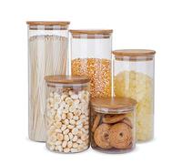 Flrolove Glass Food Storage Containers Set,Airtight Food Jars with Bamboo Wooden Lids - Set of 5 Kitchen Canisters For Sugar,Candy, Cookie, Rice and Spice Jars