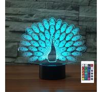 FLRXHK Peacock 3D Illusion Night Light Touch Table Desk Lamp with Remote Control 16 Colors Optical USB LED Night Light for Kids Gift Room Decoration