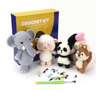 Fltengle Crochet Box Complete Kit for Beginners, Including Crochet Hook, Yarn Balls, Needles, Instructions, Step-by-Step Video-Squirrel, Elephant, Sheep, Panda