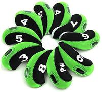 FLTRAD 10Pcs Golf Clubs Iron Head Covers 3-9 A/SW/PW Elastic Reused Neoprene Material with Number Tag Protect Case For Irons (Black&Green)
