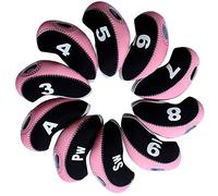 FLTRAD 10Pcs Golf Clubs Iron Head Covers 3-9 A/SW/PW Elastic Reused Neoprene Material with Number Tag Protect Case For Irons Black & Pink