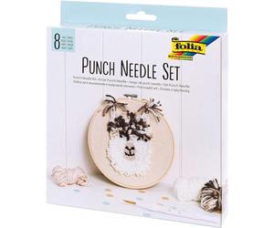 Fluffy Alpaca Motif, 8 Piece Punch Needle Set with Embroidery Frame, Monk Fabric, Punching Needle, Threading aid and Wool, White and Brown Tones, One Size