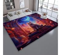 Fluffy Area Rug 120 x 180 cm - Multicolor Ultra Soft Fantasy Cat Bookshelf Flannel Carpet, Non-Shedding Anti-Slip Backing Washable Indoor Rug for Living Room, Bedroom and Kids Room Home Decor