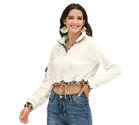 Fluffy Autumn Sweaters Women - Teddy Fleece Long Sleeve Leopard Print Contrast Casual Crop Jumper Ladies Sweatshirts with Drawstring, Cropped Jumpers for Women UK (White, S)