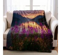 Fluffy Blanket 150 x 200 cm Lakeside Sunset Flowers Throws for Sofa Bed Chair, All Season, Light Soft Comfortable Home Decoration for Adults & Children