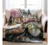 Fluffy Blanket 180 x 220 cm Riverside village landscape Throws for Sofa Bed Chair, All Season, Light Soft Comfortable Home Decoration for Adults & Children