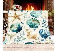 Fluffy Blanket Watercolor Conch Shell Sherpa Blankets for Kids Child Adults Soft Warm Blue Microfiber Throw for Bed, Couch, and Travel Small Single 100x130cm