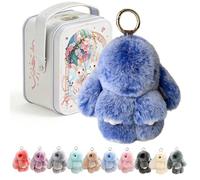 Fluffy Bunny Keychain In A Tin, Bunnylulu Keychain With Box, Cute Bunny Keychain Plush Bag Charm For Women, Easter gifts for girls, Handmade Rabbit Pocket Box Stuffed Animal Doll (Dark Blue)