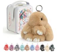 Fluffy Bunny Keychain In A Tin, Bunnylulu Keychain With Box, Cute Bunny Keychain Plush Bag Charm For Women, Easter gifts for girls, Handmade Rabbit Pocket Box Stuffed Animal Doll (Khaki)