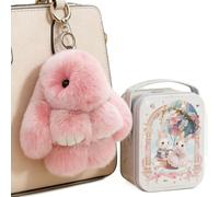 Fluffy Bunny Keychain In A Tin, Bunnylulu Keychain With Box, Cute Bunny Keychain Plush Bag Charm For Women, Easter gifts for girls, Handmade Rabbit Pocket Box Stuffed Animal Doll (Pink)