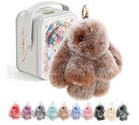 Fluffy Bunny Keychain In A Tin, Bunnylulu Keychain With Box, Cute Bunny Keychain Plush Bag Charm For Women, Easter gifts for girls, Handmade Rabbit Pocket Box Stuffed Animal Doll (Coffee)