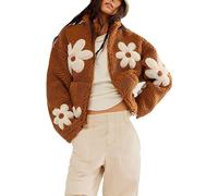 Fluffy Cardigan Women Flower Print Ribbed Teddy Jacket Open Front Daisy Fleece Coat Soft Casual Loose Sweater Ladies Sherpa Plush Coat Winter Thick Thermal Outwear Fur Fuzzy Comfy Overcoat