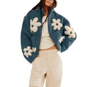 Fluffy Cardigan Women Flower Print Ribbed Teddy Jacket Open Front Daisy Fleece Coat Soft Casual Loose Sweater Ladies Sherpa Plush Coat Winter Thick Thermal Outwear Fur Fuzzy Comfy Overcoat
