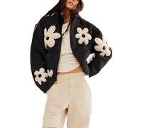 Fluffy Cardigan Women Flower Print Ribbed Teddy Jacket Open Front Daisy Fleece Coat Soft Casual Loose Sweater Ladies Sherpa Plush Coat Winter Thick Thermal Outwear Fur Fuzzy Comfy Overcoat