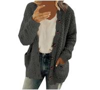 Fluffy Cardigans Women Warm Comfy Fleece Jackets Button-Up Plain Long Sleeve Thermal Cardigans with Pockets Ladies Autumn Winter Casual Loose Fit Wool Coats