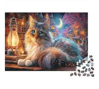 Fluffy Cat 1000 Pc Thick Cardboard Puzzle Fluffy Cat Moonlit Sky Challenging Brain Game Decompression Wall Decor Beautiful Decoration Indoor Leisure Puzzle 52x38cm/1000pcs