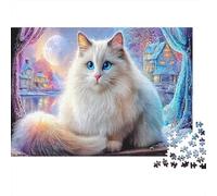 Fluffy Cat 1000 Pieces 100% Recycled Cardboard Jigsaw Puzzles White Cat Blue Eyes Super Challenging for Enthusiasts Collectors Decompression Indoor Leisure Office Break 38x26cm/1000pcs